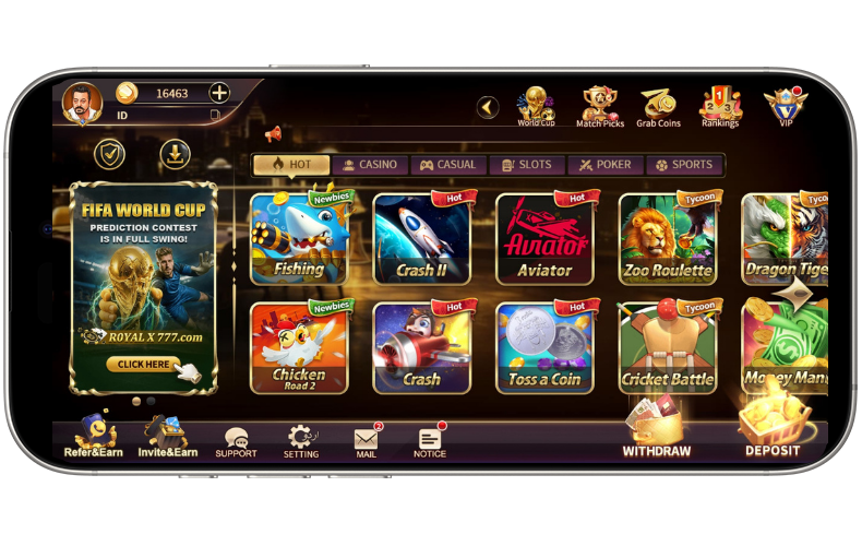 Royal x Casino - Real Money Games for Mobile Devices (Portrait and Landscape Modes), showing the interface of the Royal x Casino game lobby on both portrait and landscape mobile screens.